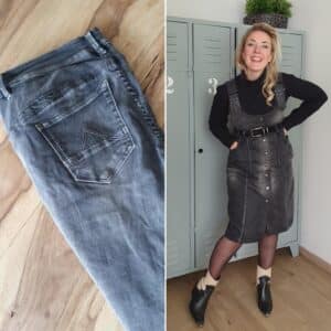 REFEBULOUS 2025 Inspiratie Jeans upcycling - voor en na foto van het upcyclen van een oude jeans tot een jurkje